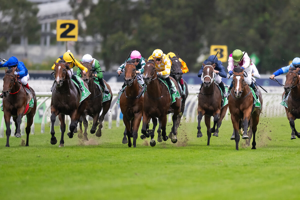 Lady Of Camelot and Blake Shinn driving clear of the Golden Slipper field