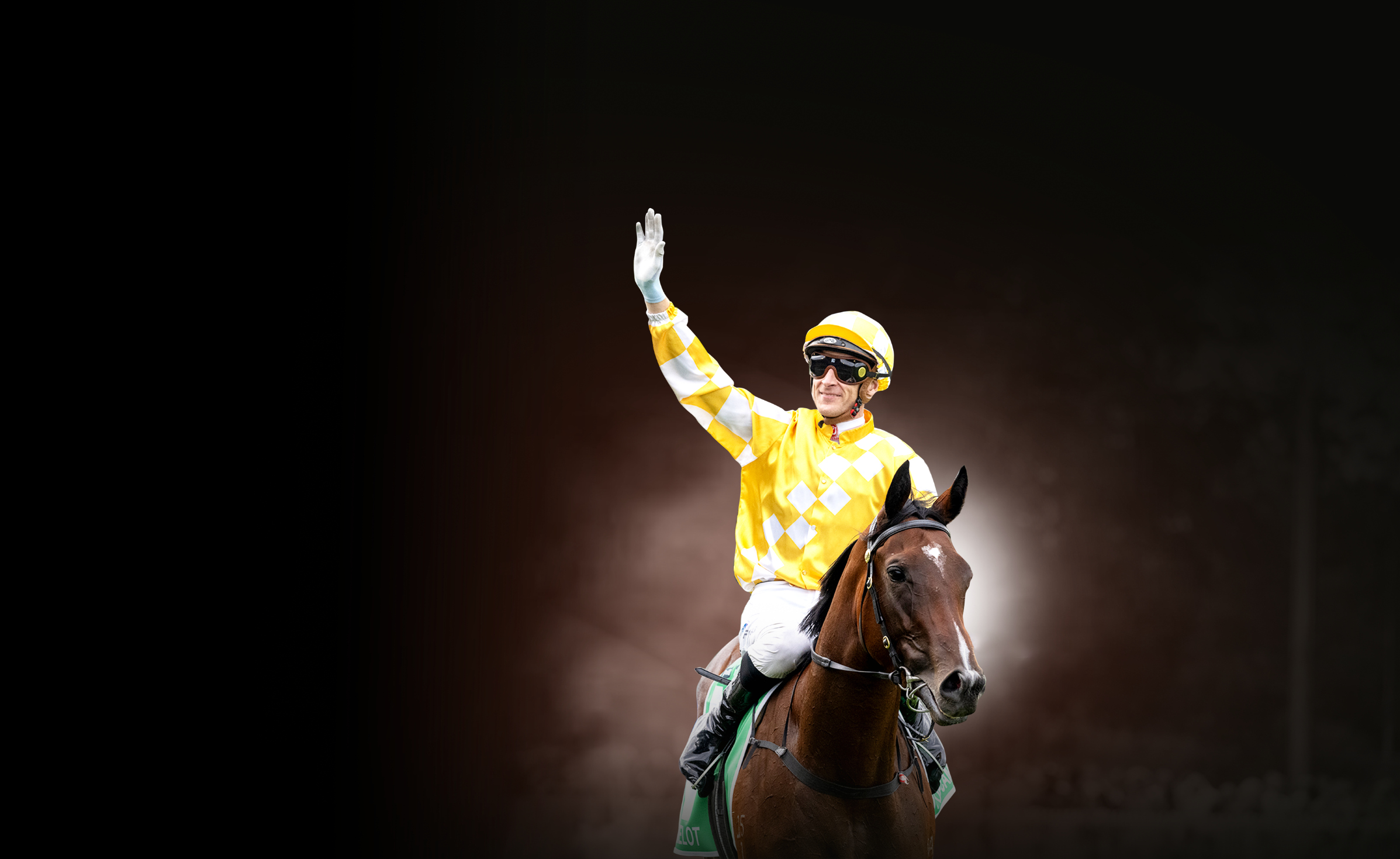 Jockey raising an arm in victory aboard Lady Of Camelot